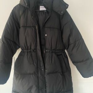 Old Navy Charcoal Puffer Long Jacket with Cinch Waist